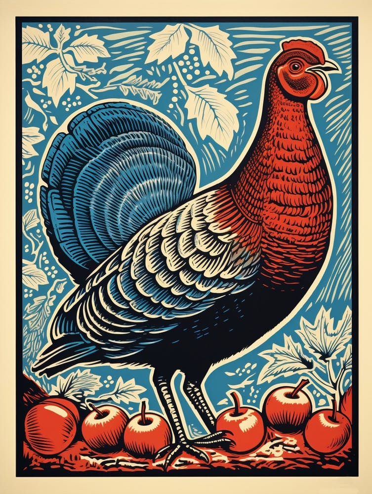 Vintage Bird Linocut Turkey 1