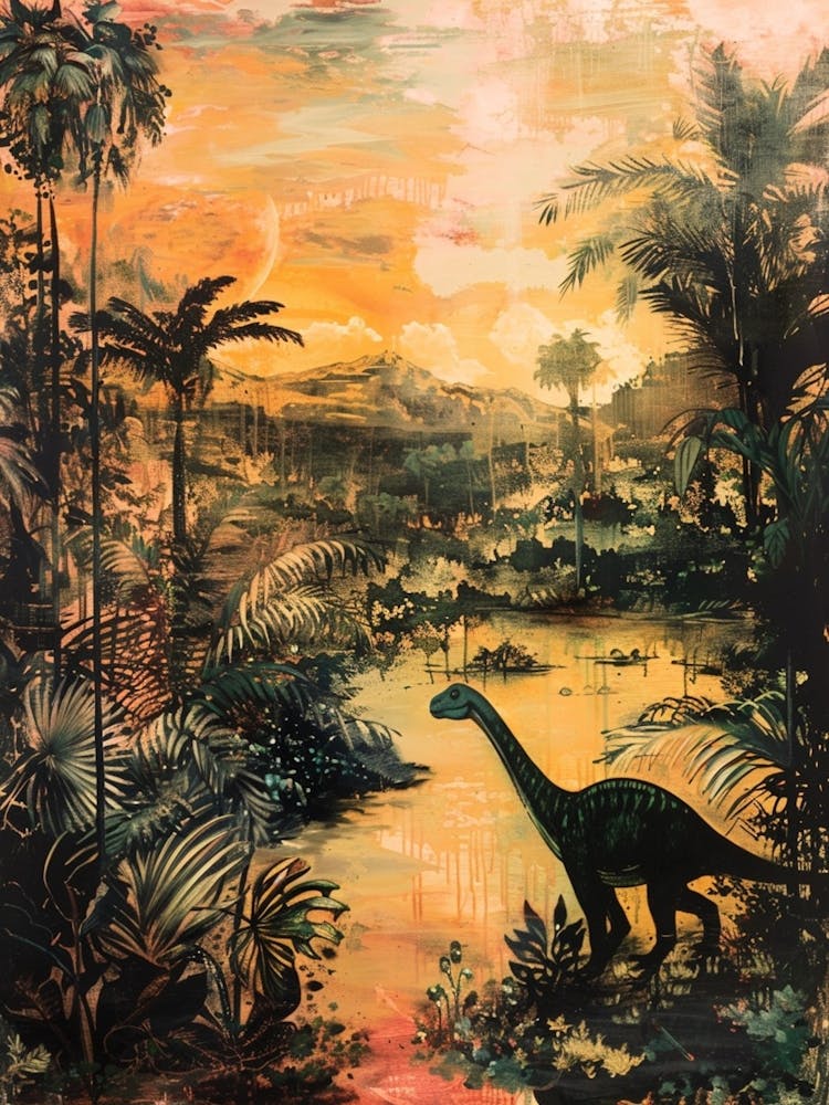 Dinosaur At Sunset By The River