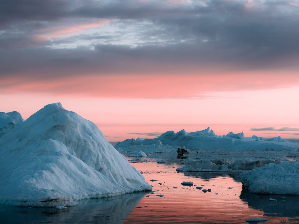 Icebergs Boat Sunset Silence