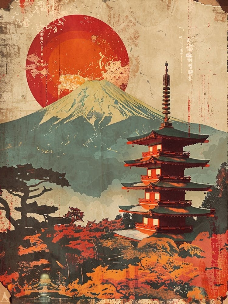 Mount Fuji Skyline Mid Century Modern