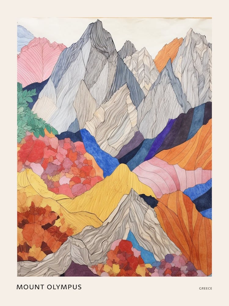 Mount Olympus Greece 4 Colourful Mountain Illustration Poster