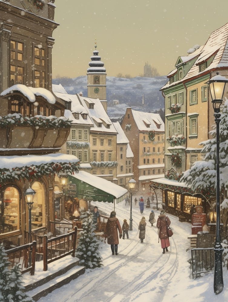 Vintage Winter Illustration Prague Czech Republic 1