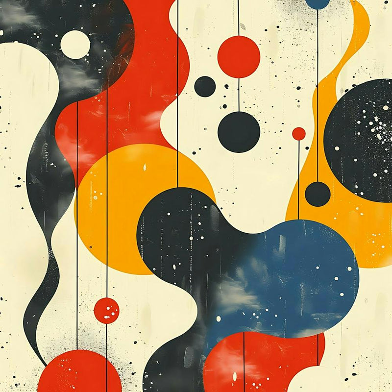 Abstract Art With Colorful Shapes Curves And Hanging Circles On A Textured Background