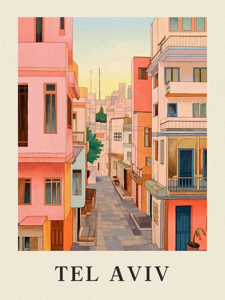 Tel Aviv Israel 5 Vintage Pink Travel Illustration Poster