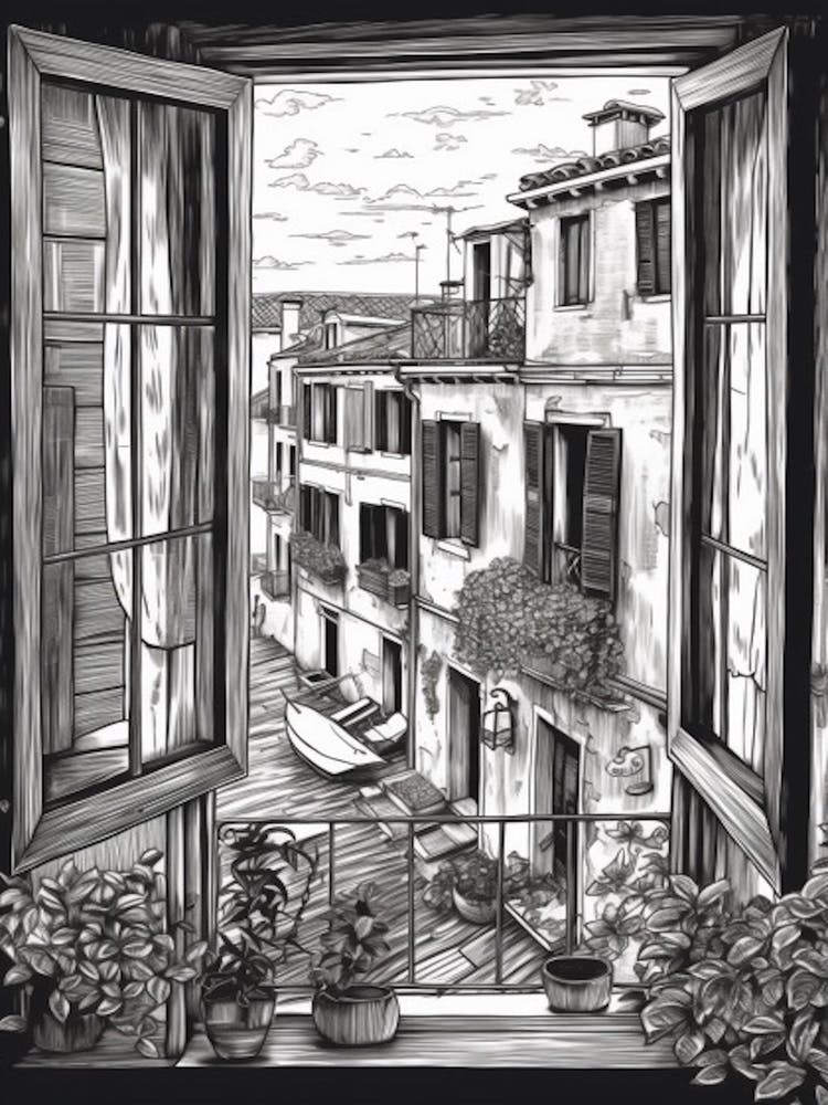 A Window View Of Venice In The Style Of Black And White  Line Art 1
