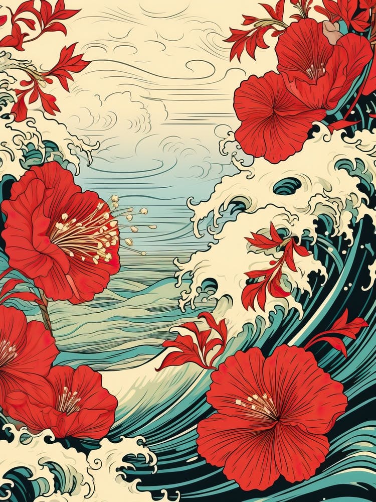 Great Wave With Hibiscus Flower Drawing In The Style Of Ukiyo E 1