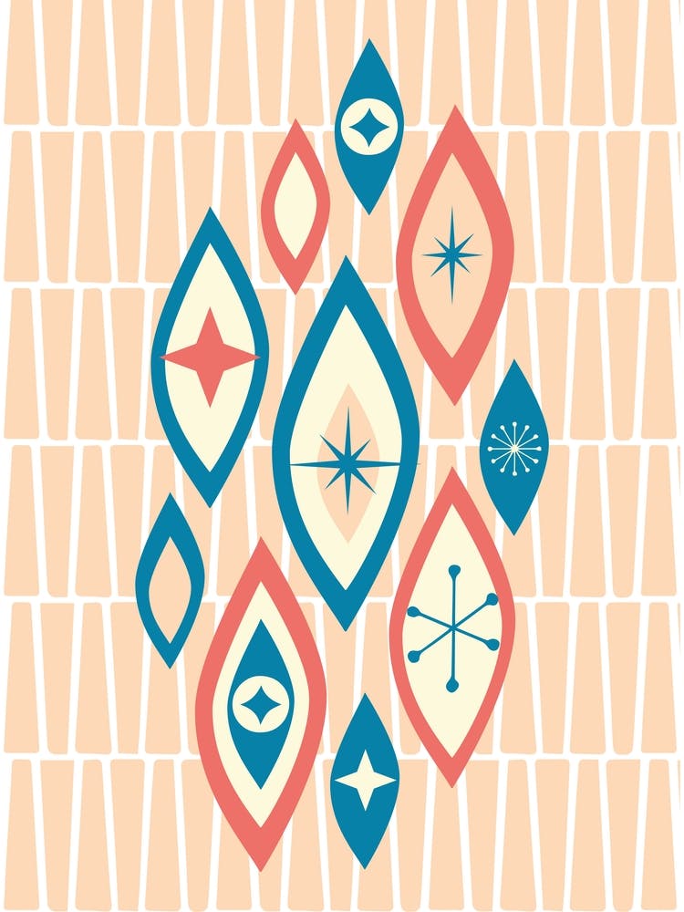 Atomic Age, Mcm Eyes Shapes And Stars, Blue, Peach