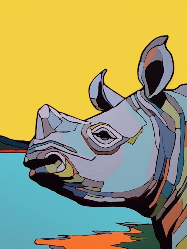 Geometric Blue & Yellow Portrait Of A Rhino 2