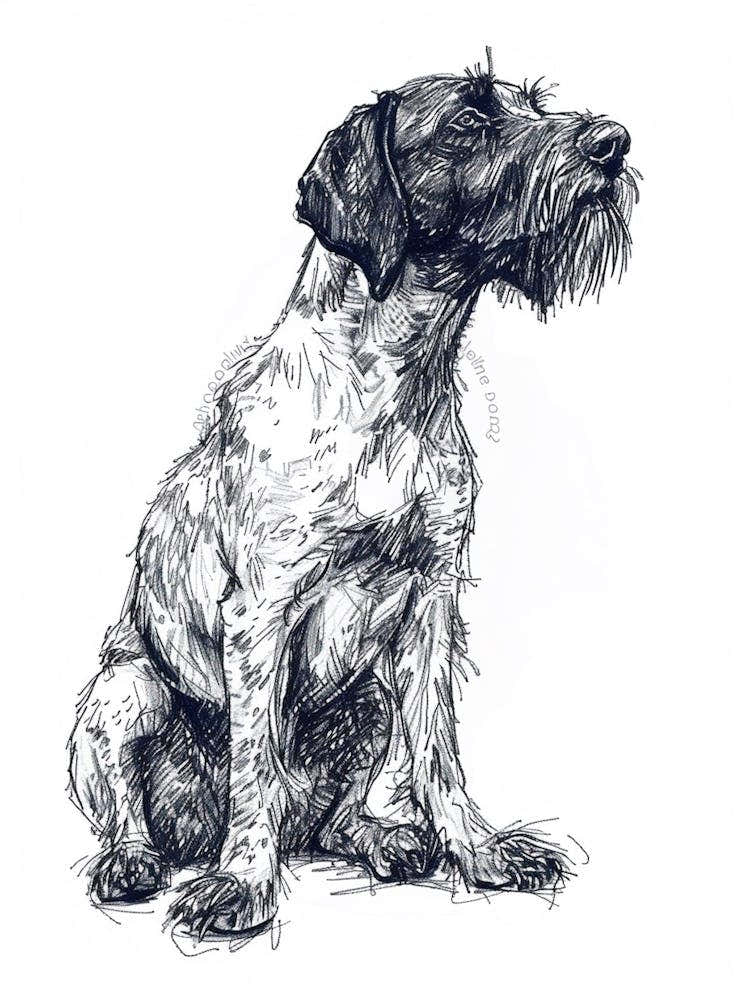 German Wirehaired Pointer Dog Black & White Line Sketch 2