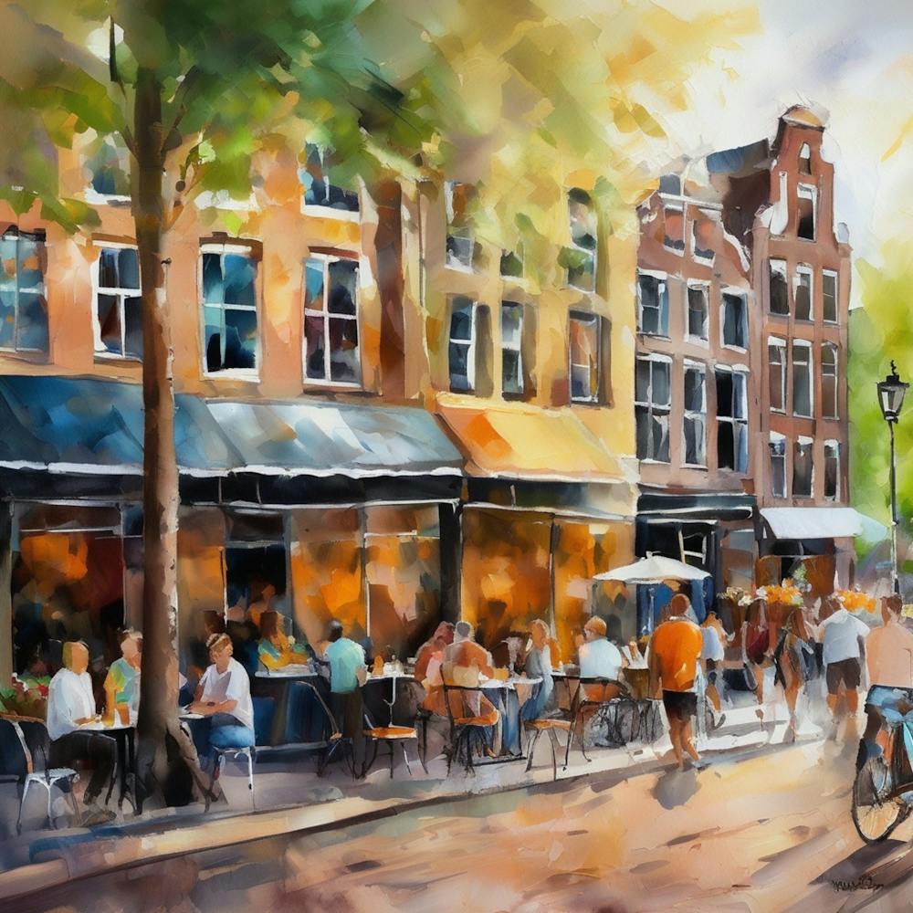 Amsterdam Cafes.Amsterdam city.summer. Cafes. Passersby, sidewalks. Oil colors. 7