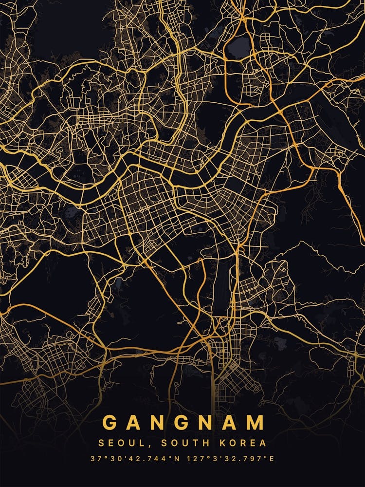 Gangnam Seoul South Korea Black And Gold Map