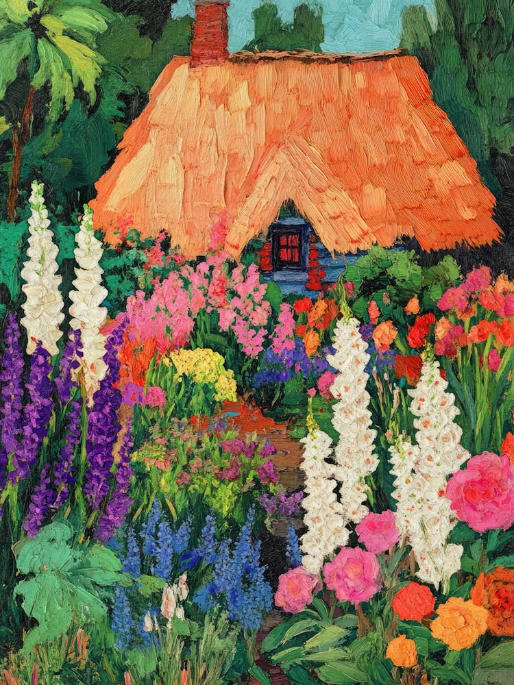 Vibrant botanical painting of a garden with blooming flowers in fuchsia, moss green, marigold in the style of Gustav Klimt – decorative floral art in the style of expressionism perfect for living rooms, bedrooms, kitchens, guest rooms, entryways in cottag