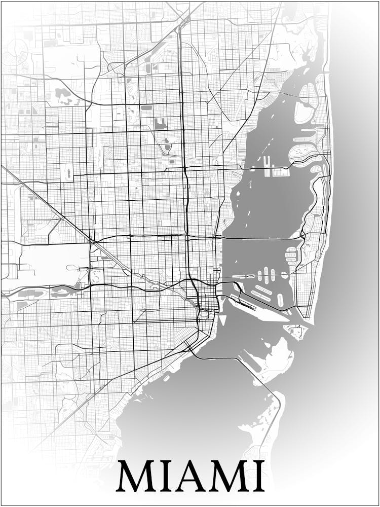 Miami, Florida, City Map, Black And White Fade Design