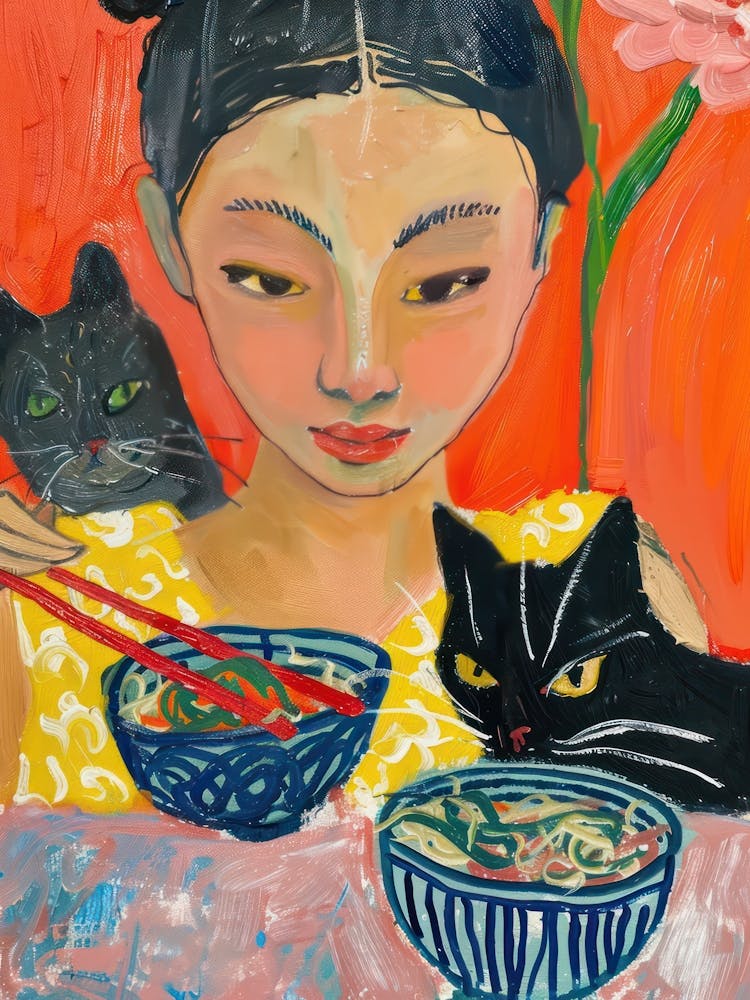 Portrait Of A Woman With Cats Eating Ramen 1