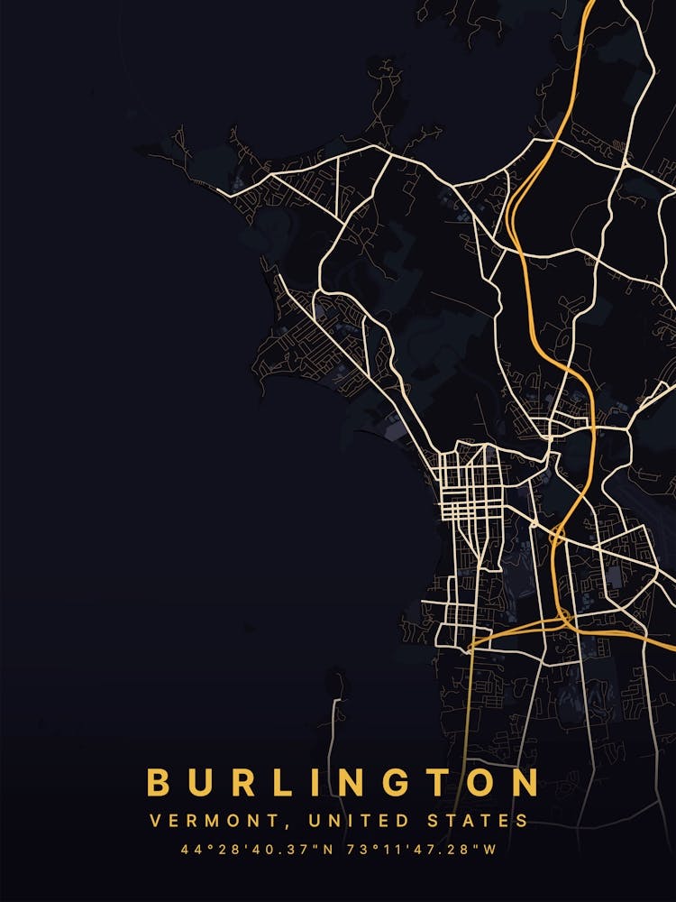 Burlington Vermont États-Unis Carte Noire Et Or 1