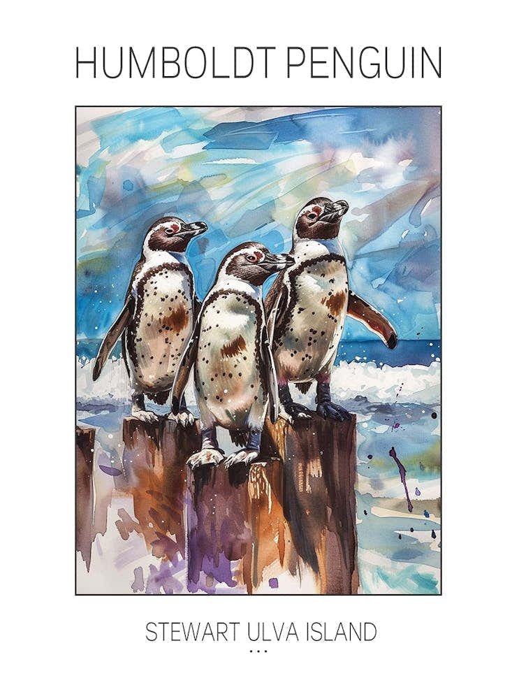 Humboldt Penguin Stewart Island Ulva Island Watercolour Painting 3 Poster