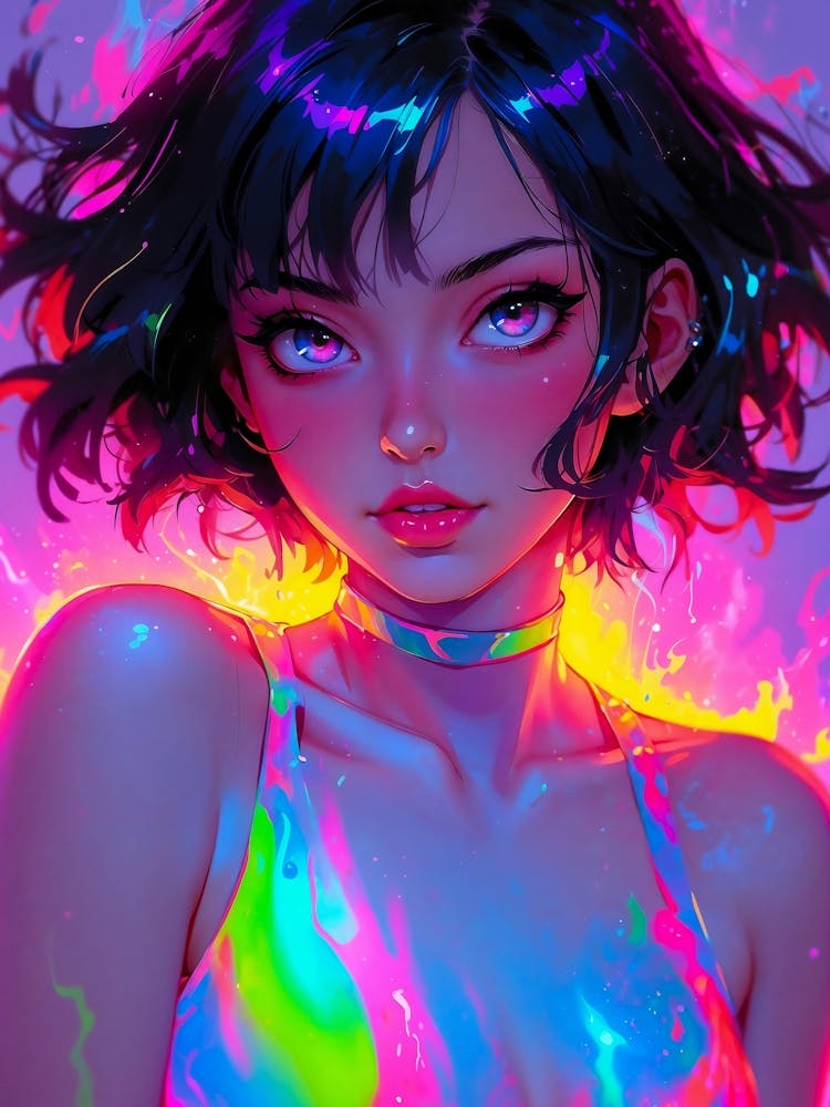 Trippy neon anime girl — a colorful psychedelic journey into a cyberpunk dreamscape, where kawaii charm meets erotic allure.