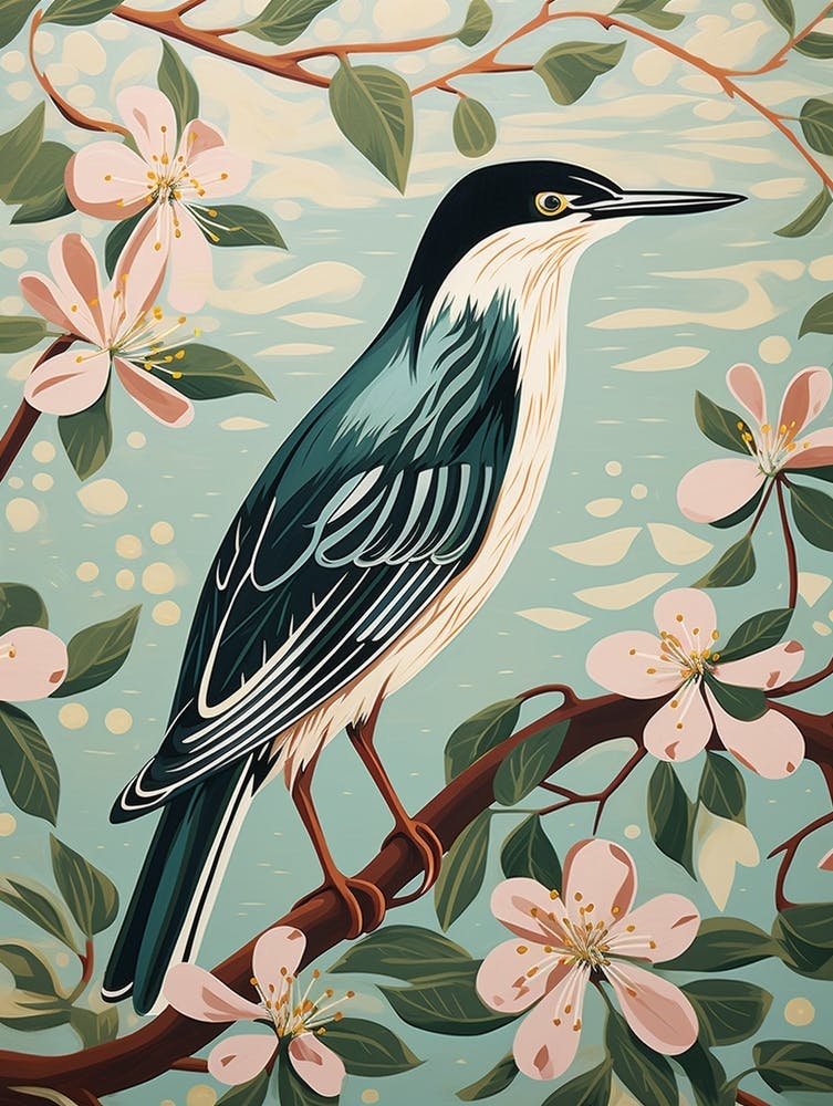 Linogravure d'oiseau vintage Héron vert 1