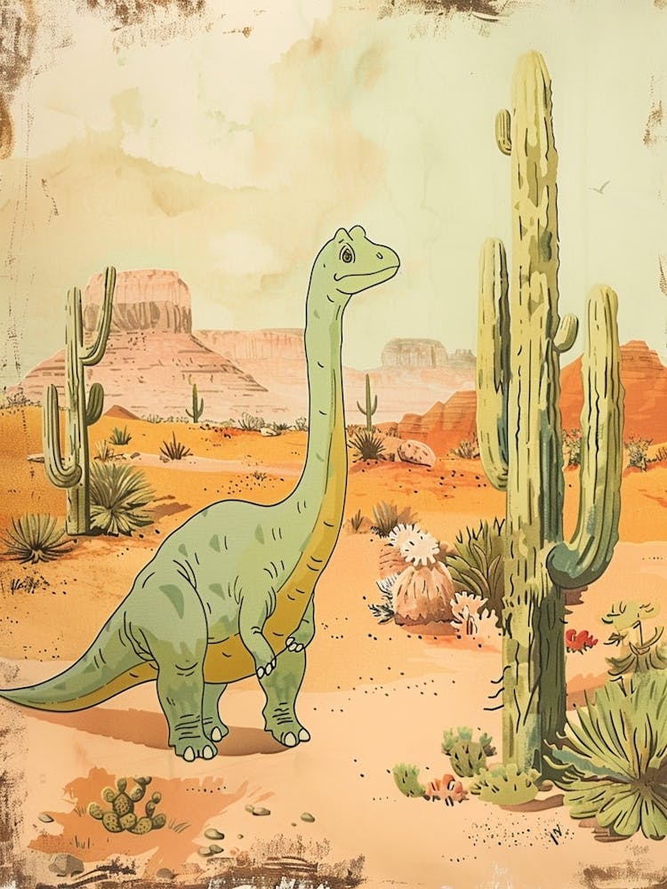 Dinosaur In The Desert With Cactus Storybook Watercolour 1