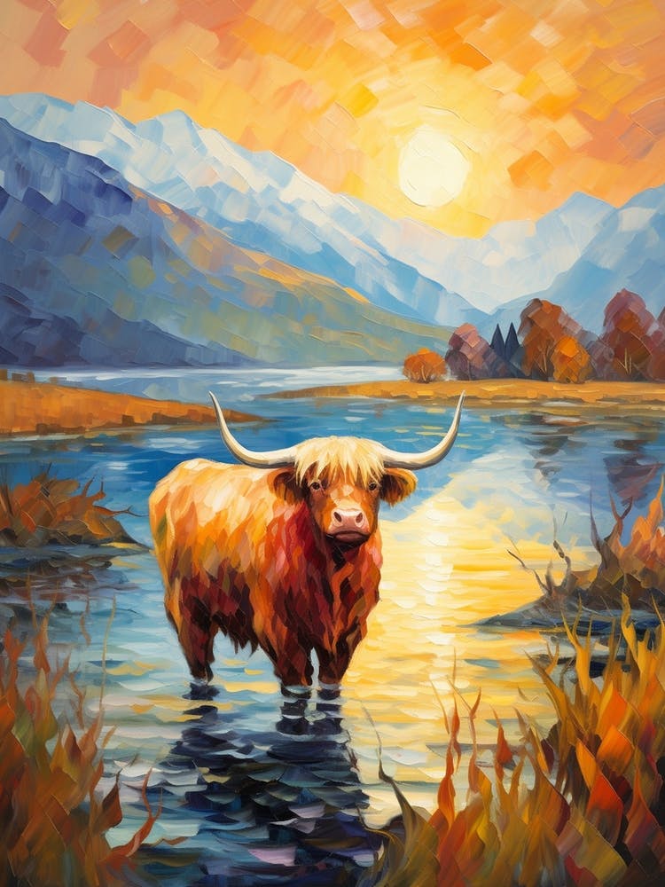 Highland Cow Sunset Impressionism Style Painting
