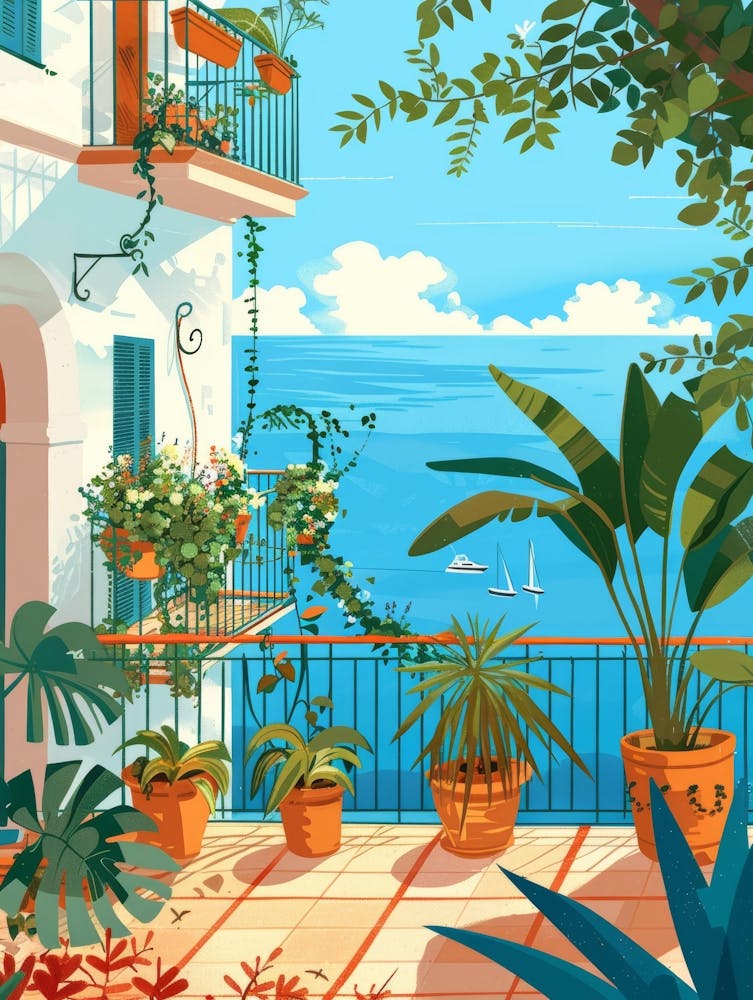 Balcony With Plants And Sea View
