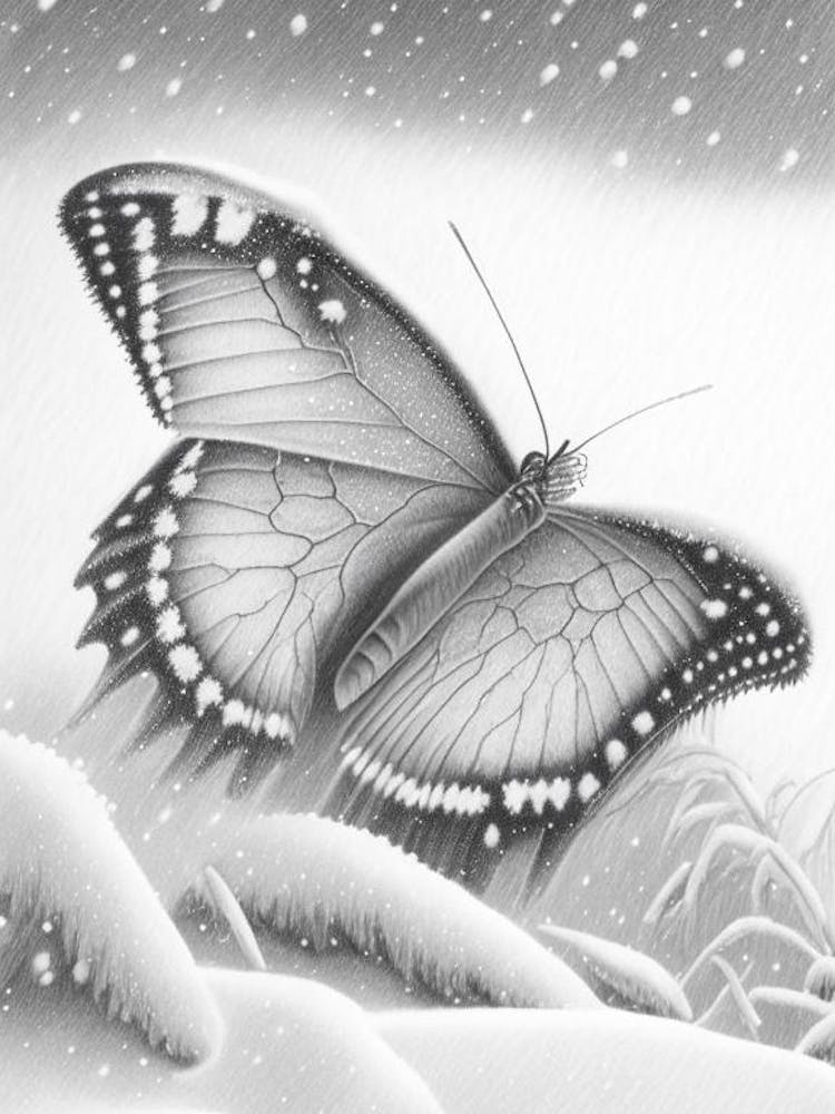 Butterfly In Snow Greyscale Sketch 2