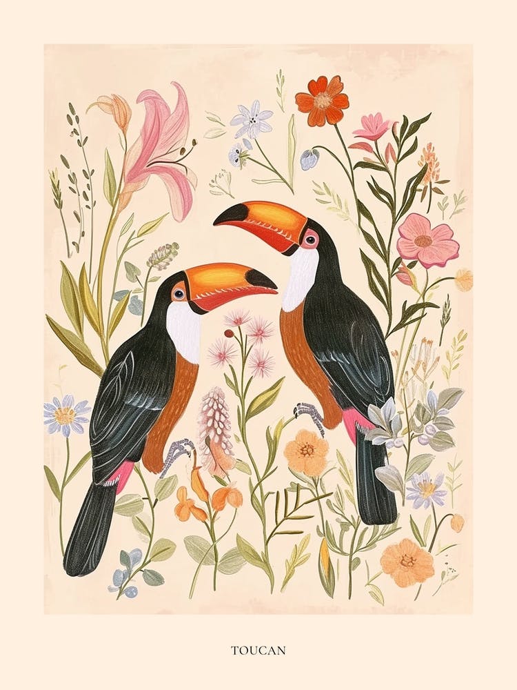 Folksy Floral Animal Drawing Toucan 2 Poster
