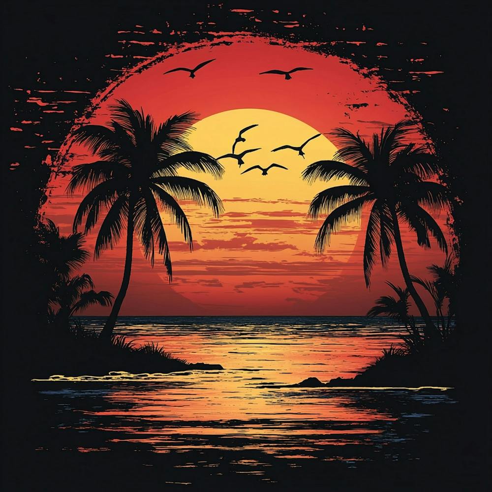 Tropical Sunset With Palm Trees And Seagulls Vector