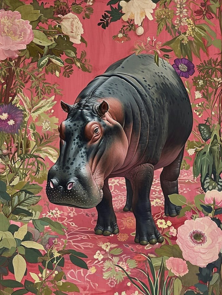 Floral Animal Painting Hippopotamus 2