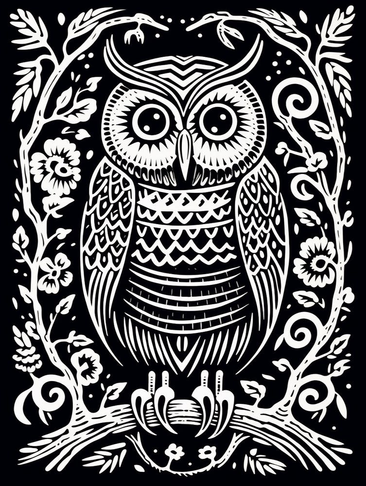 B&W Bird Linocut Owl 1