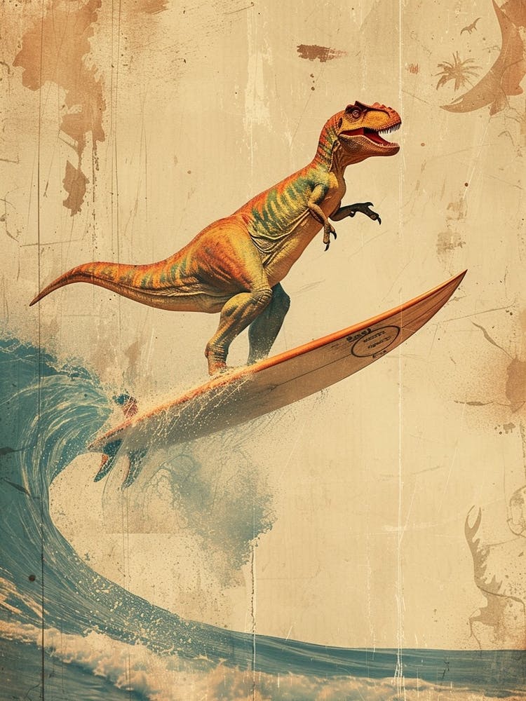 Vintage Dimorphodon Dinosaur On A Surf Board 3