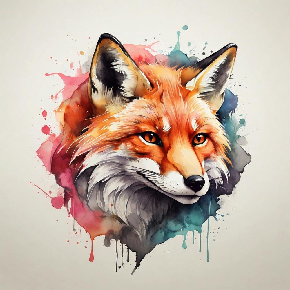 , Watercolor, powerful fox face logo facing forward, monochrome background, by yukisakura, awesome full color,