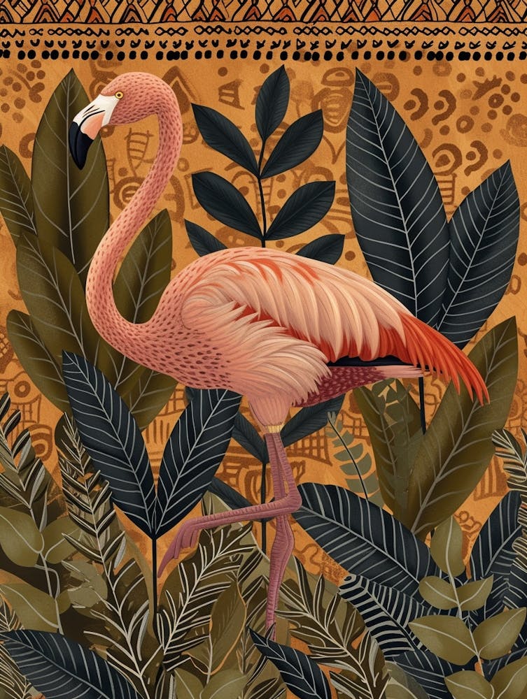 Greater Flamingo And Croton Plants Boho Print 1