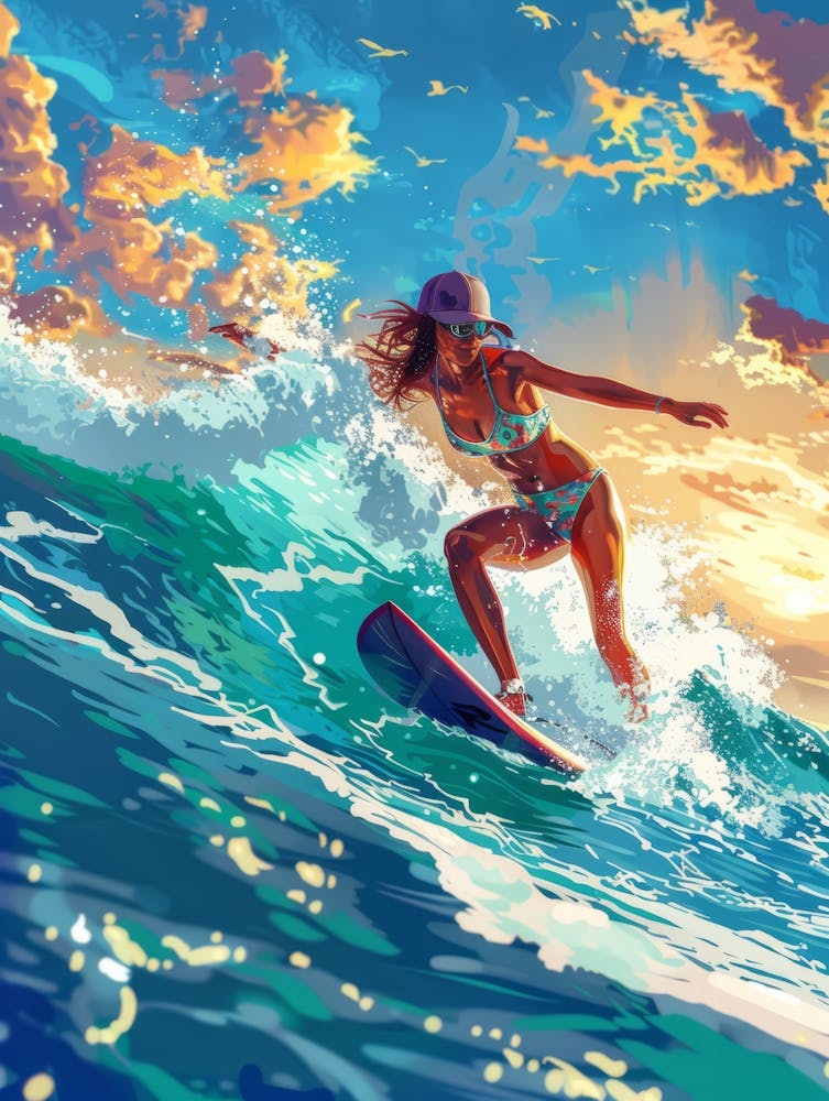Girl In The Sea On The Waves Riding A Surfboard Painting In Pop Art Style 4