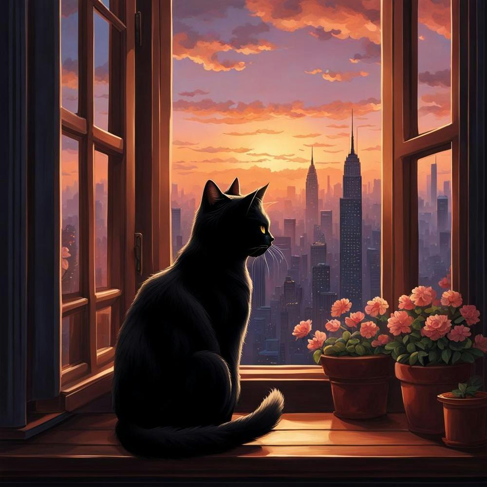 Cat contemplates city's allure.