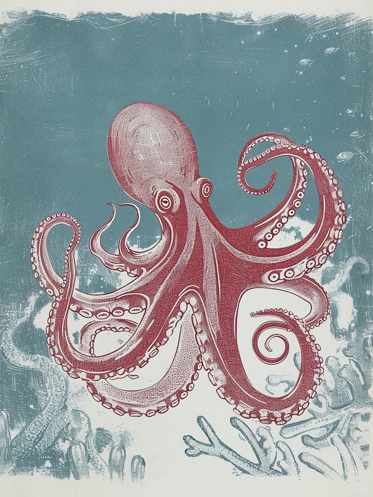 Detailed Red & Navy Linocut Octopus 2
