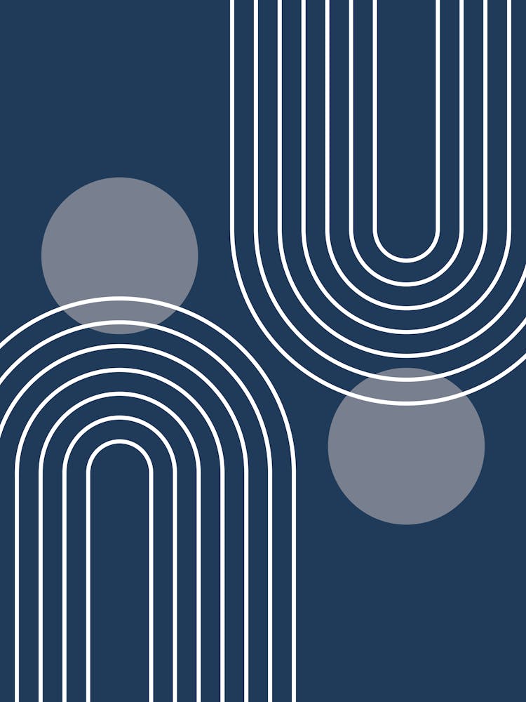 Mid Century Modern Geometric In Navy Blue And Grey (Rainbow And Sun Abstract) 01