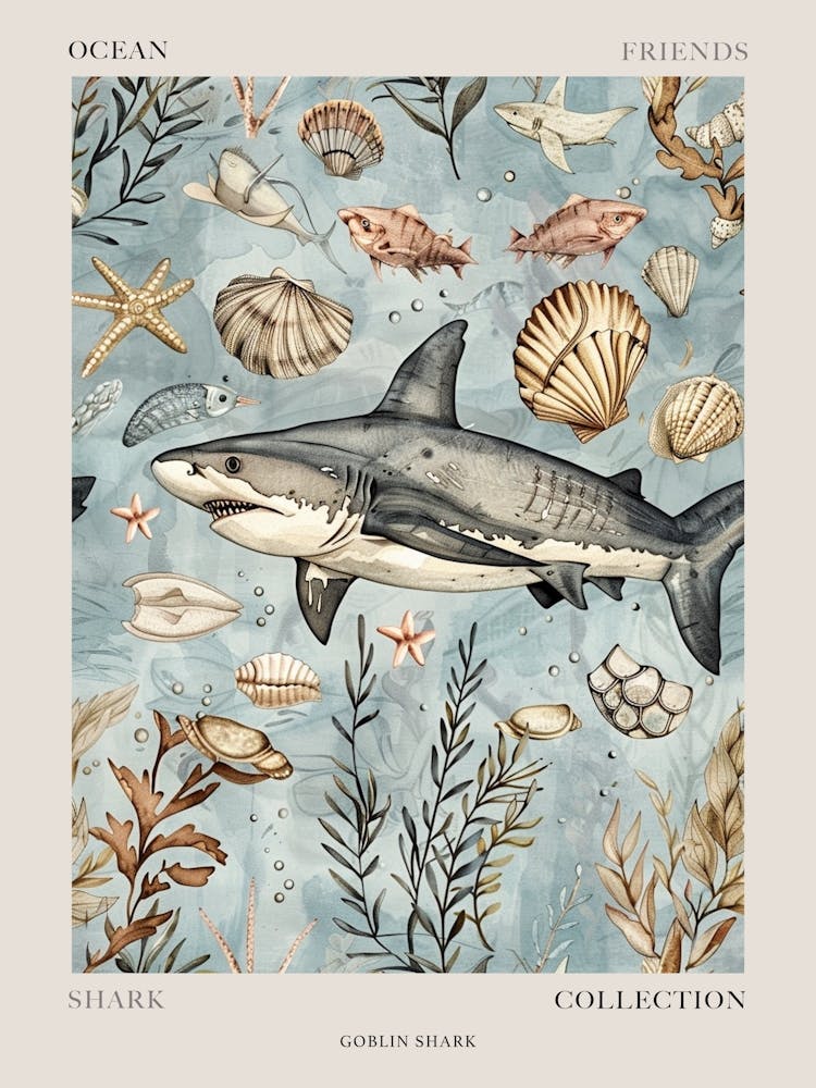 Pastellblauer Koboldhai Aquarell-Meereslandschaftsmuster 1 Poster