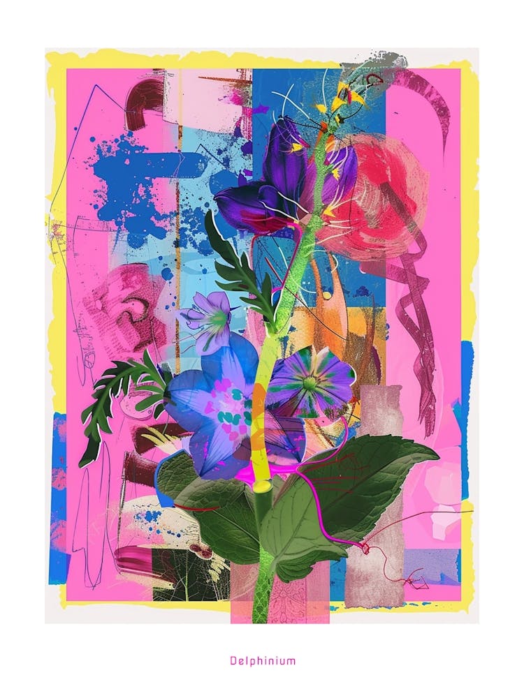 Delphinium 2 Neon Flower Collage Poster