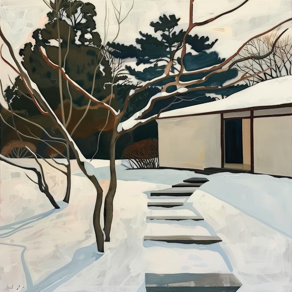 Japanese Zen Garden in Winter Series. Style of David Hockney 2