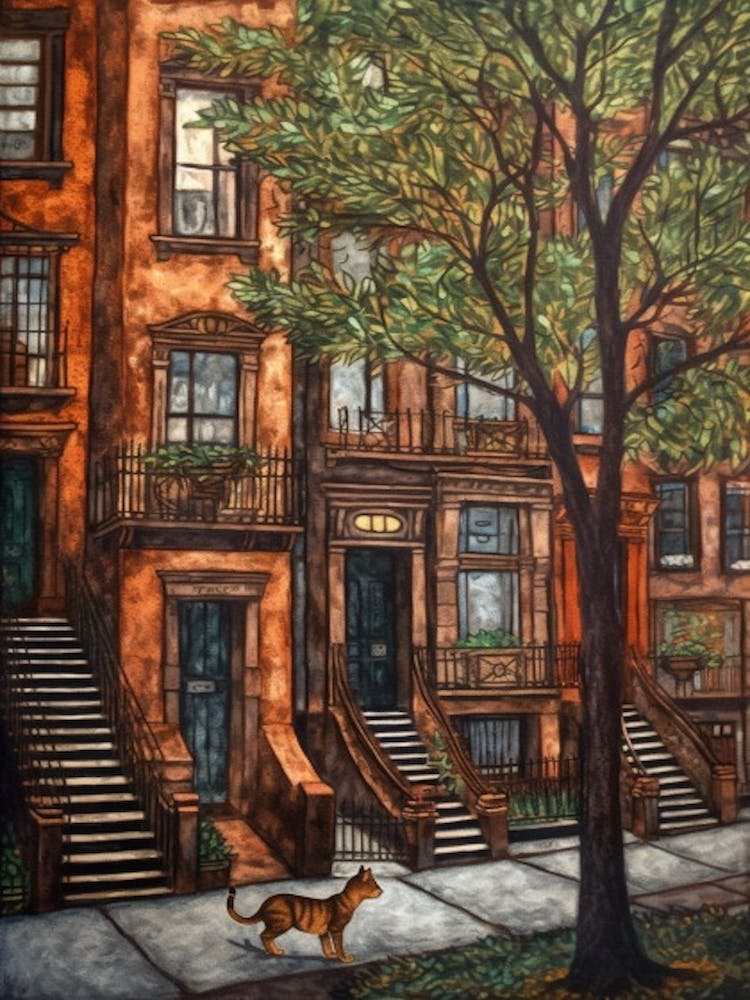 Painting Of New York With A Cat In The Style Of William Morris 1