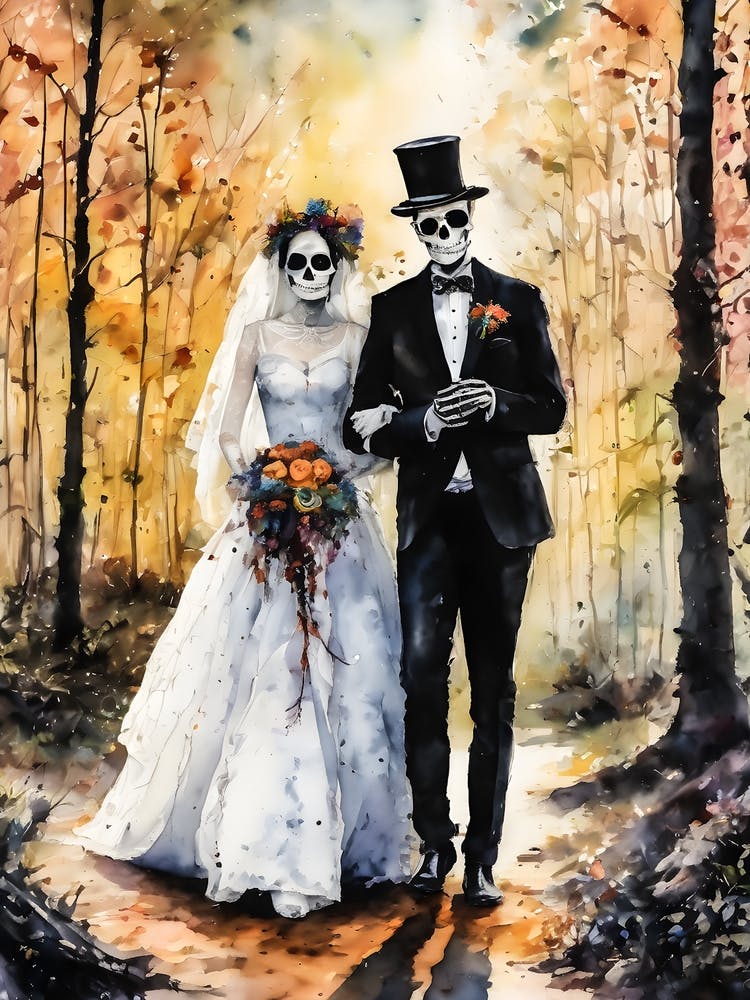 The Happy Couple ~ Goth Skull Skeleton Wedding Fairytale Watercolour 