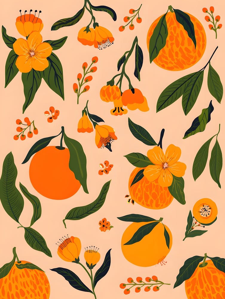 Sweet Oranges & Blossoms Print - Colorful Botanical Art for Kitchen/Decor