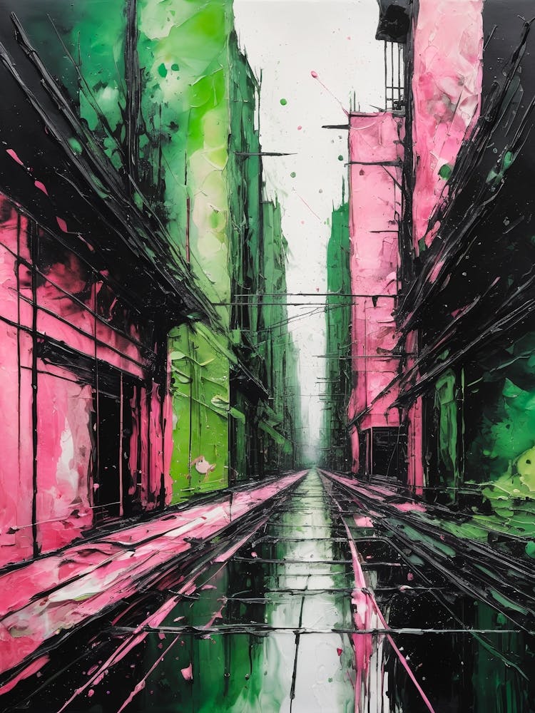 Pink Green City Abstract Painting