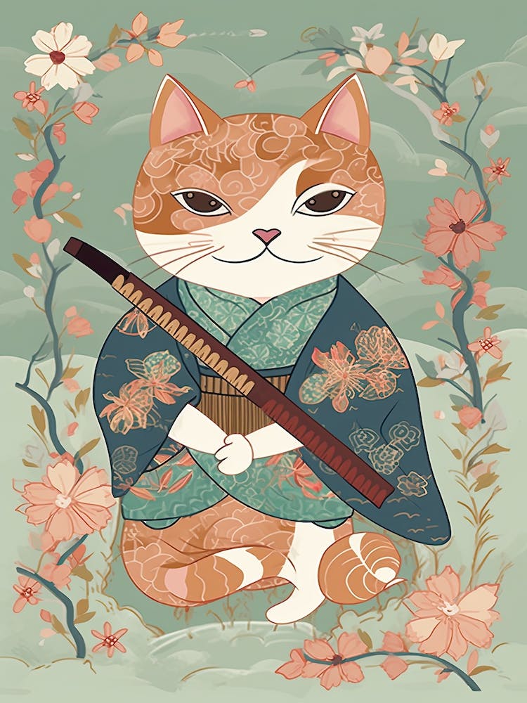Cute Samurai Cat In The Style Of William Morris 3