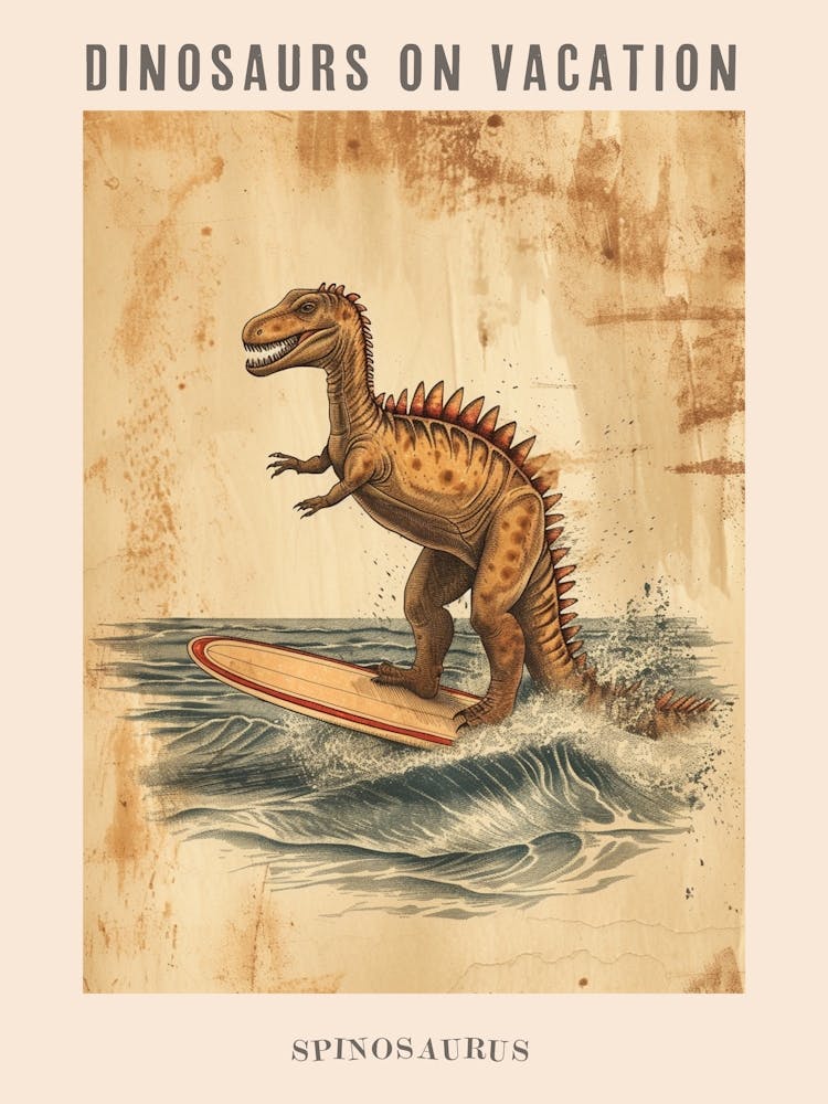 Vintage Spinosaurus Dinosaur On A Surf Board 3 Poster