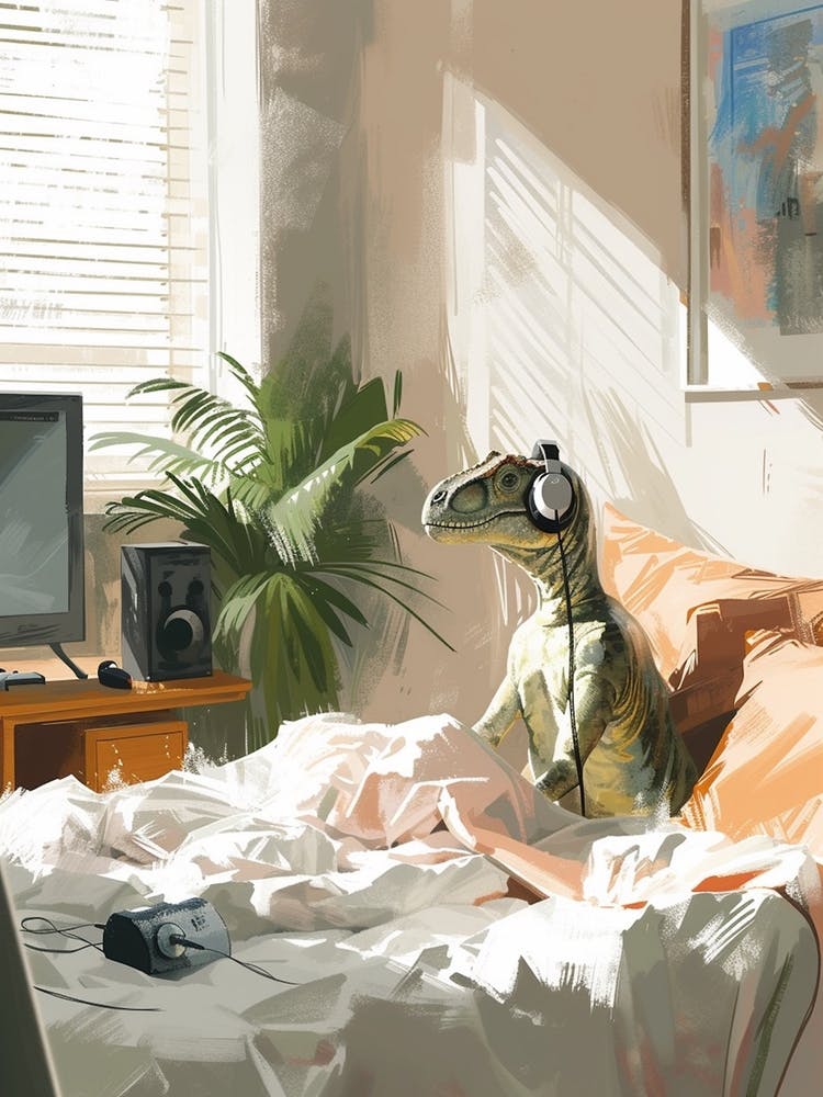 Dinosaur Listening To Music With Headphones In Bed 2