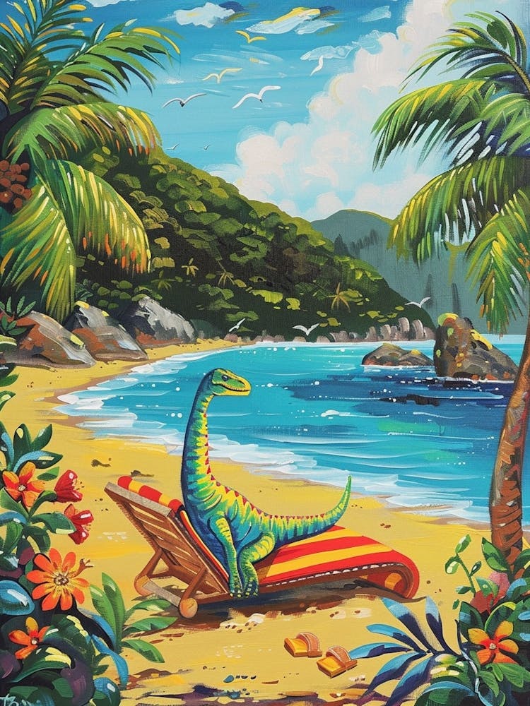 Dinosaur On A Sun Lounger On The Beach 2