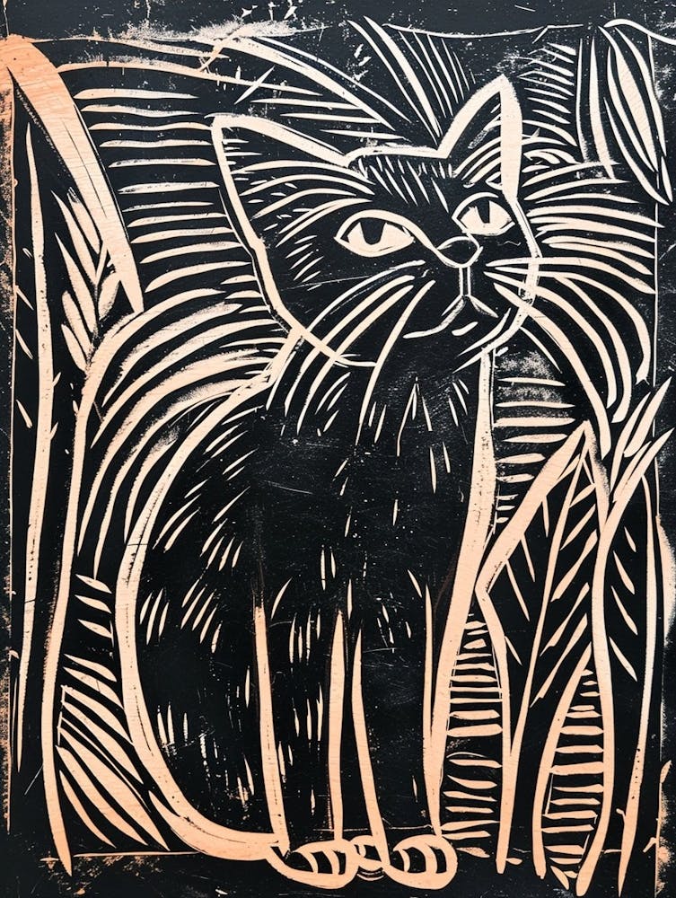 Balinese Cat Linocut Blockprint 2