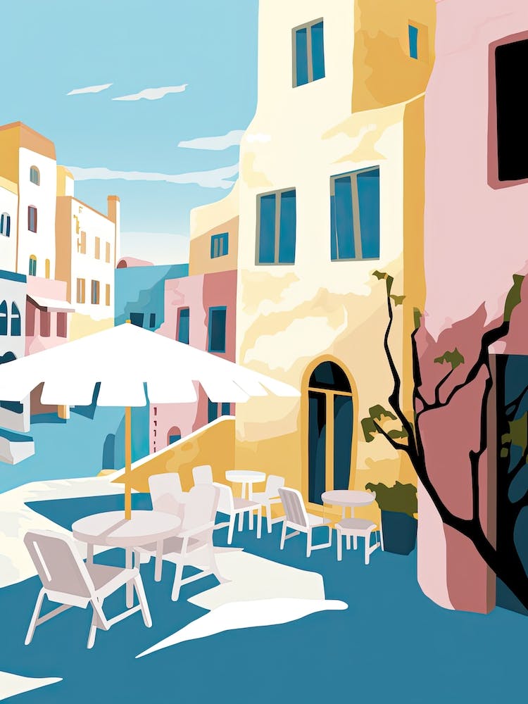 Oia, Greece, Flat Pastels Tones Illustration 4